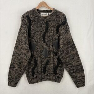 Vintage Le Tigre Sweater Mens Medium Brown Black Leather Trim Chunky Knit 80s